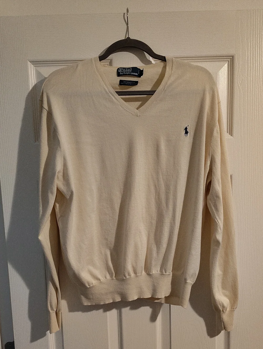 🆕Polo by Ralph Lauren Young Men's V-Neck Sweater in Cream with Navy Pony Sz XL